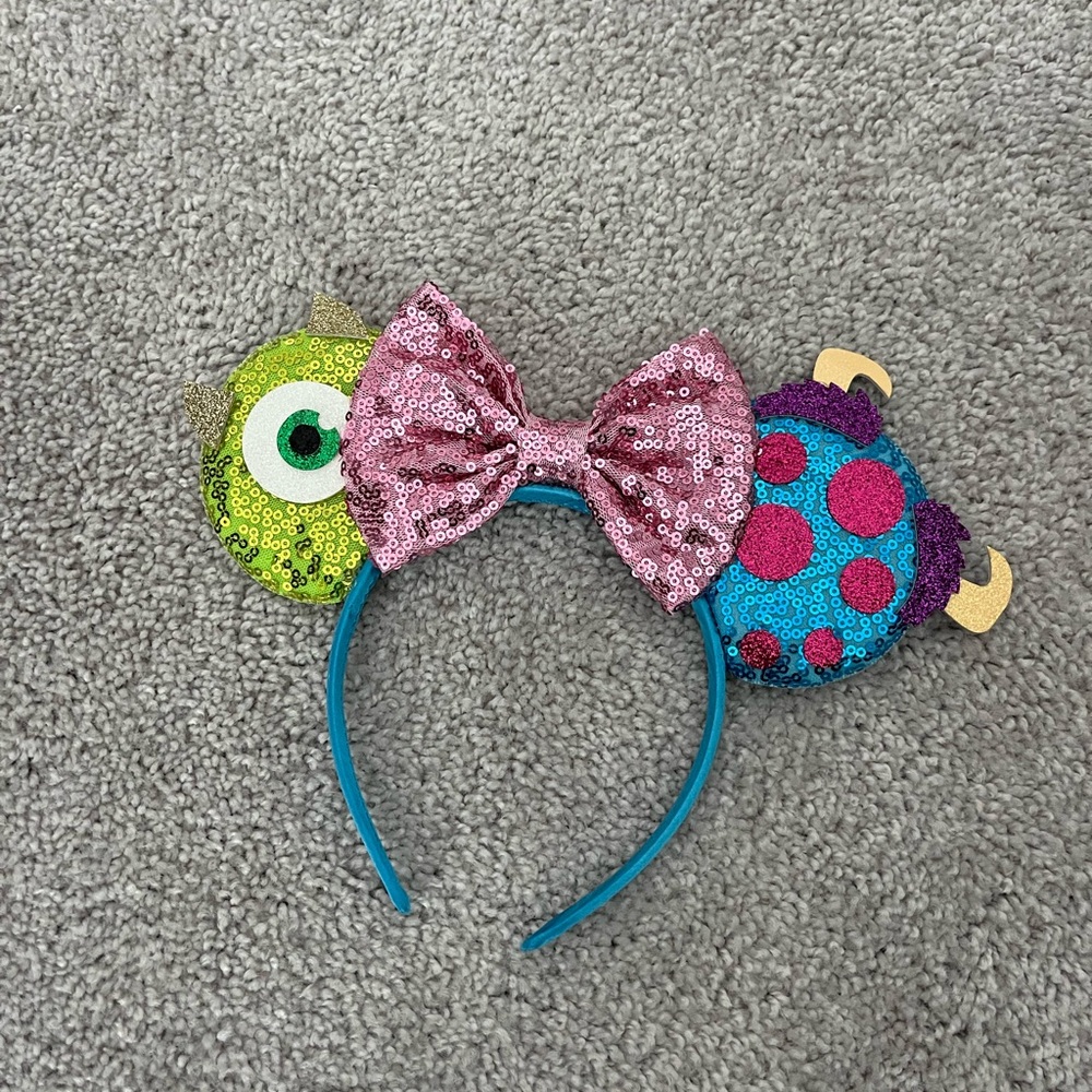 Sequined Monsters Inc Headband Sulley & Mike Wazowski Disney Ears with Pink Bow